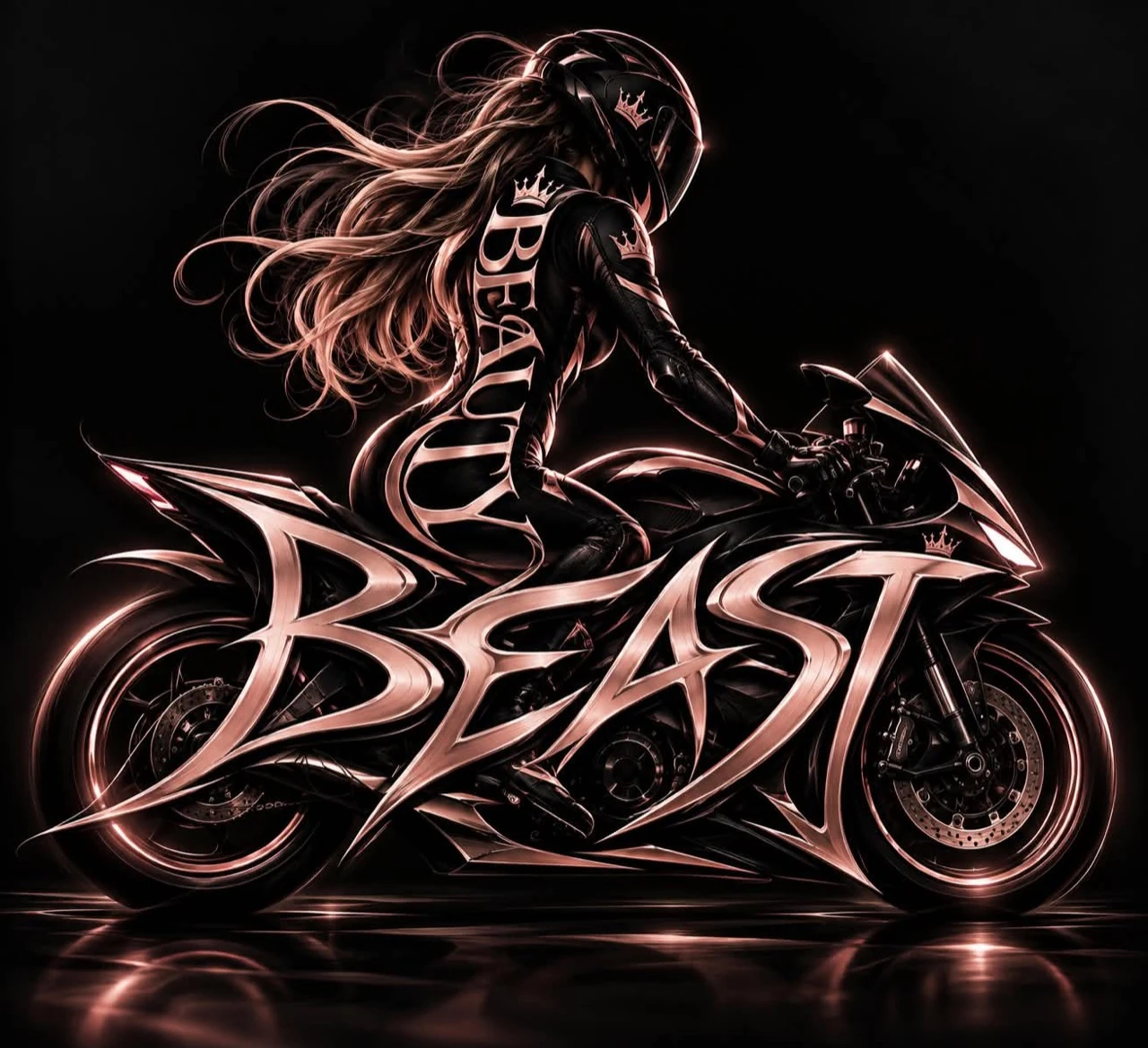 Une motocycliste sur une sportive noire, avec la signature rose Beast